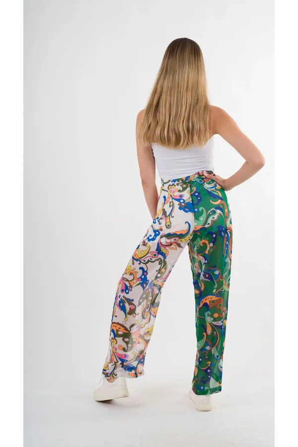 Kadın Yeşil Pembe Desenli Yüksek Bel Bol Paça Pantolon HZL22S-YY284