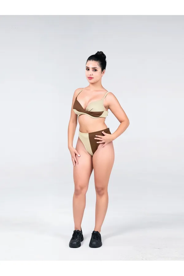 Women's Brown Cream Color Block Lined Bikini Set HZL25S-LC214
