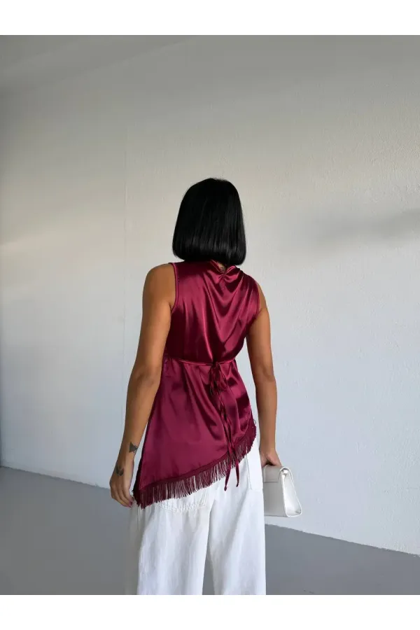 Women's Burgundy Halter Neck Asymmetrical Cut Fringe Detail Satin Blouse HZL26S-FRY123911