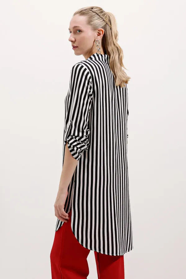 5613 Striped Tunic with Collar Tie - Black