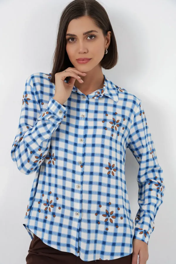Kadın Desenli Oversize Viskon Gömlek 20371 - Mavi