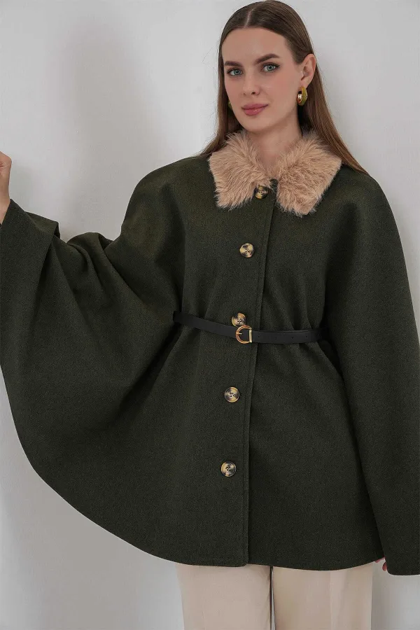 Kadın Haki Yakası Kürklü Düğmeli Kemerli Kaşe Panço HZL25W-BD191651
