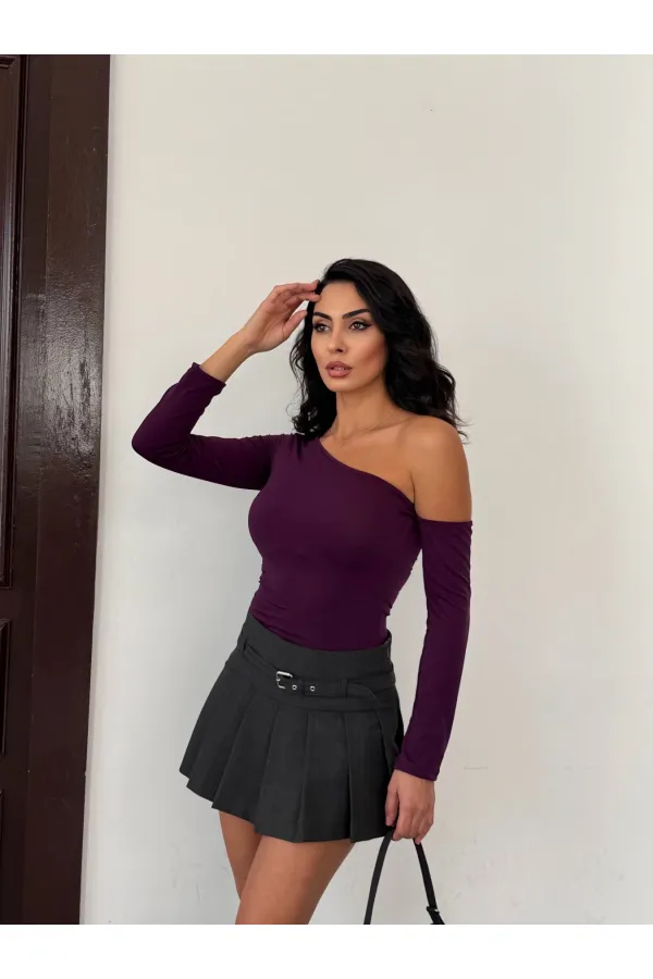 Kadın Mor Asimetrik Yaka Drapeli Sandy Bluz HZL25S-FRY123361
