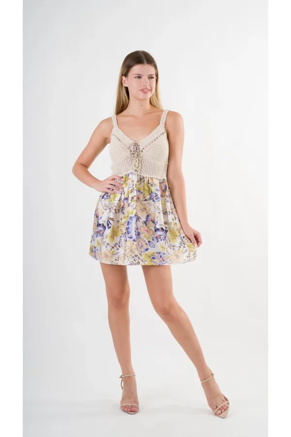 Kadın Mor Önden İp Bağlamalı Ajurlu Model Saten Yüzeyli Mini Elbise HZL24S-YY250