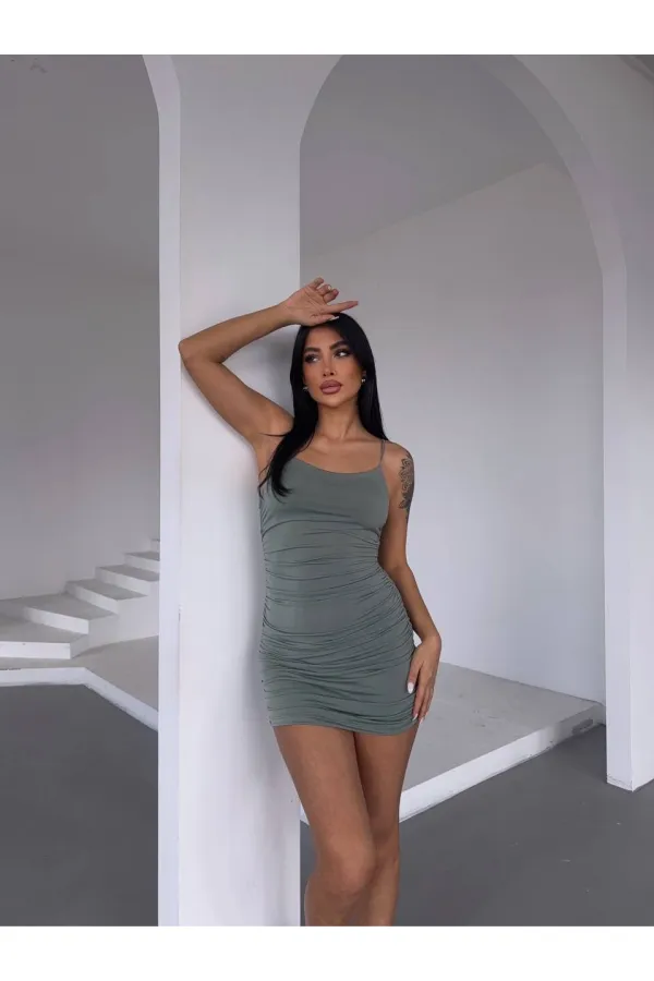 Kadın Yeşil İnce Askılı Yanlardan Drapeli Mini Elbise HZL25S-FRY123071