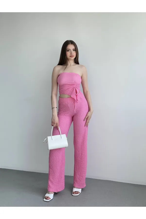 Kadın Pembe Beli Lastilkli Gofre Kumaş Pantolon HZL24S-ZK13261
