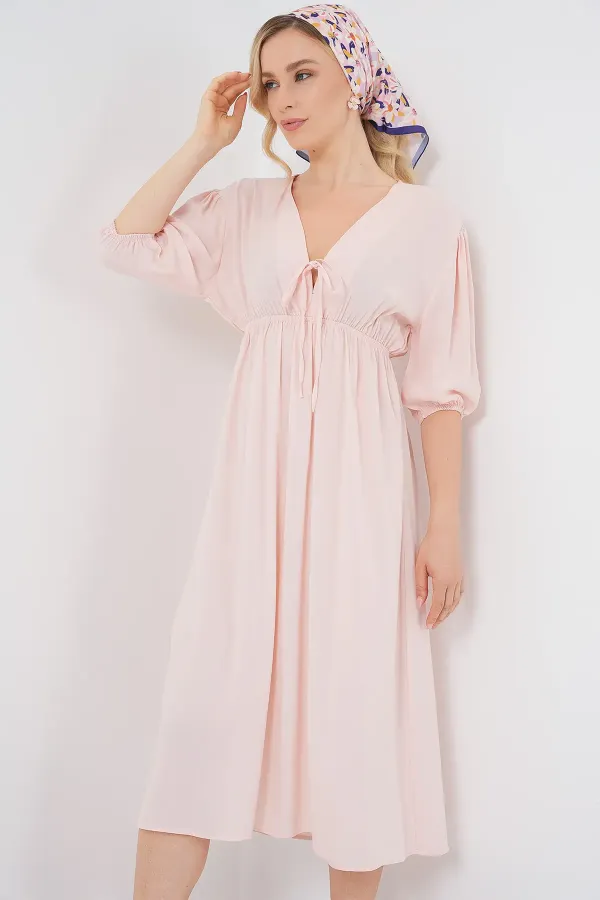 Robe 2570 pour femme, col en V et taille froncée - Rose poudré