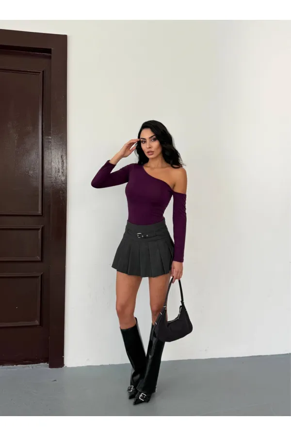 Kadın Mor Asimetrik Yaka Drapeli Sandy Bluz HZL25S-FRY123361