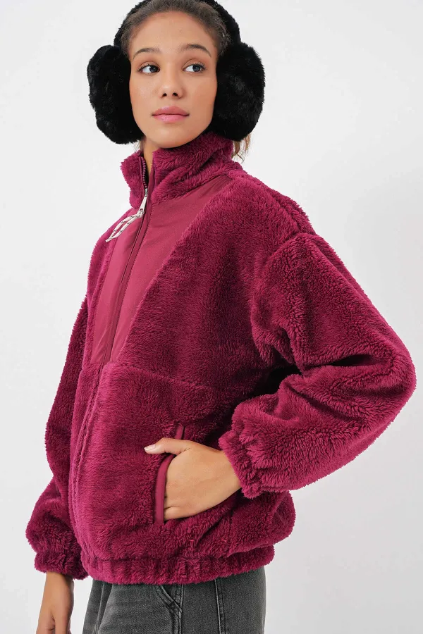 Veste zippée bordeaux imprimée en fausse peau de mouton pour femme, doublée de peluche HZL25W-BD151941