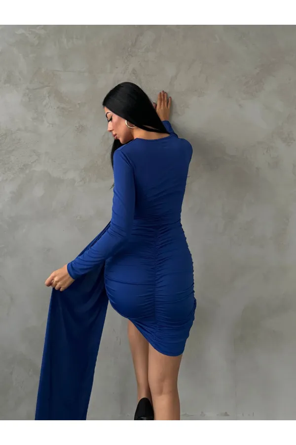 Kadın Saks Mavi V Yaka Toka Ve Büzgü Detaylı Elbise HZL25W-FRY122611