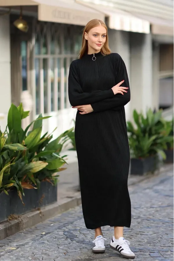 Robe longue noire en maille côtelée à col zippé pour femme HZL24W-BD1102271