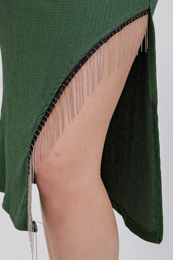 Kadın Zümrüt Yeşili Yırtmaçlı Püskül Taşlı Beli Lastikli Uzun Etek HZL24S-BD118901