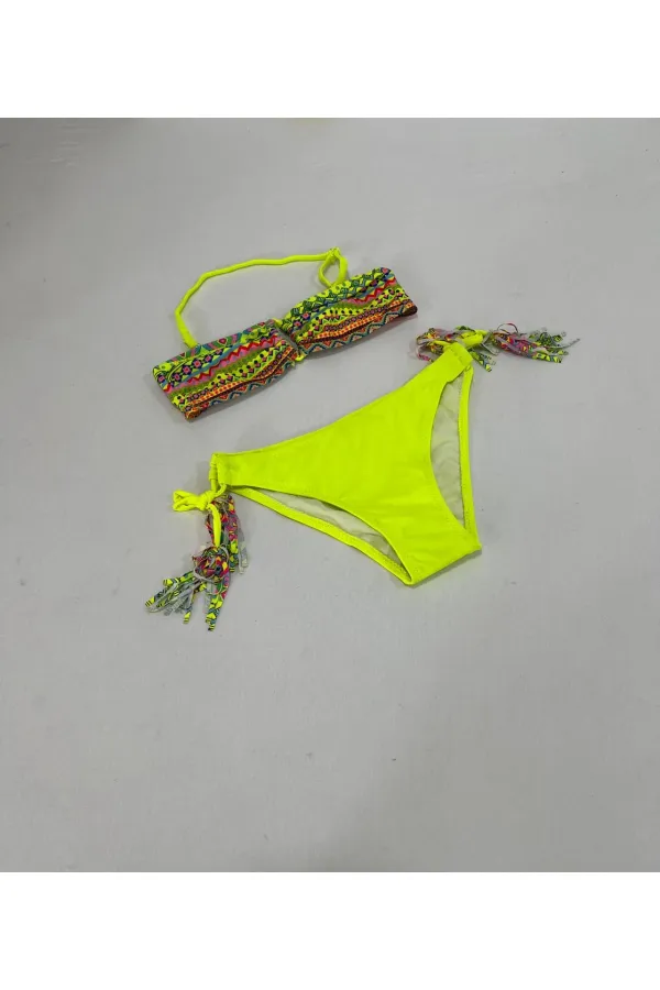 Ensemble bikini triangle jaune à doublure multicolore pour fille, 4-12 ans, HZL24S-LC1904