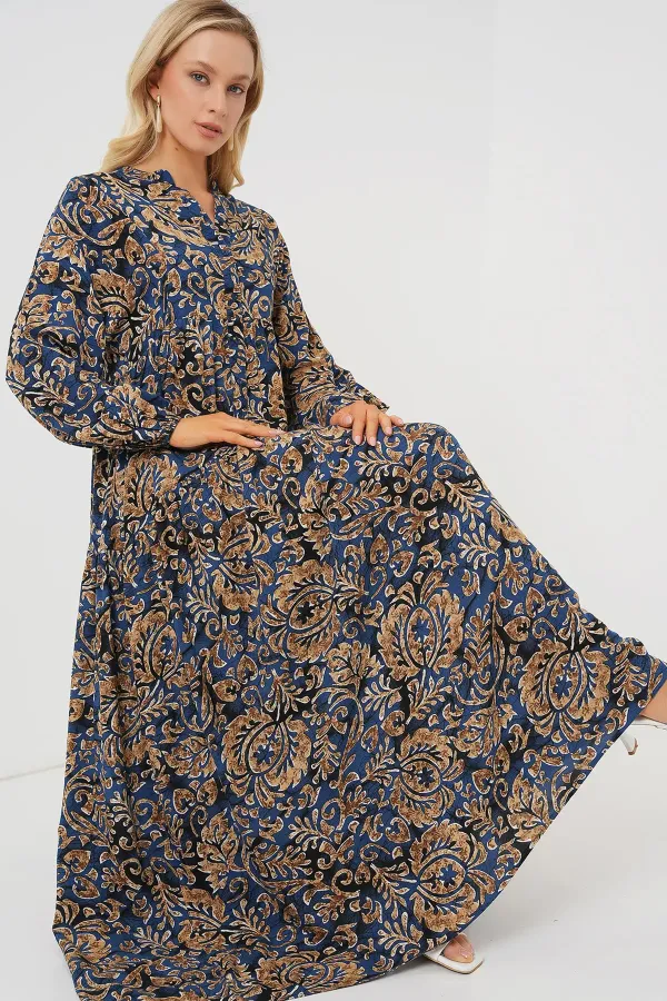 Robe hijab à motifs authentiques 2423 - Bleu marine 11