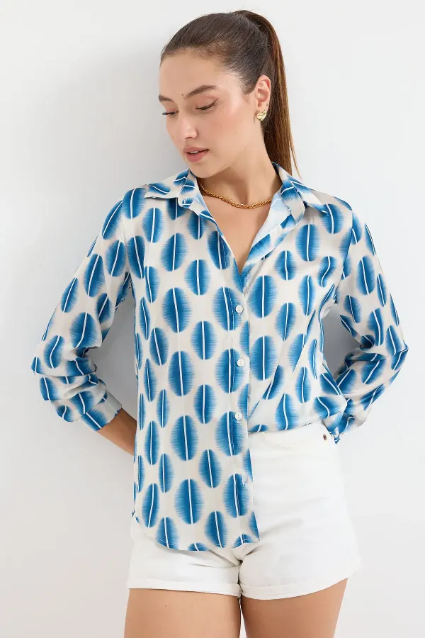 3964 Lightly Draped Satin Shirt - Dark Blue