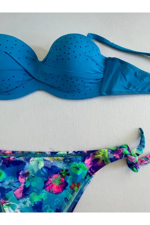 Kadın Mavi Taş İşlemeli Desenli Astarlı Bikini Takım HZL25S-LC203