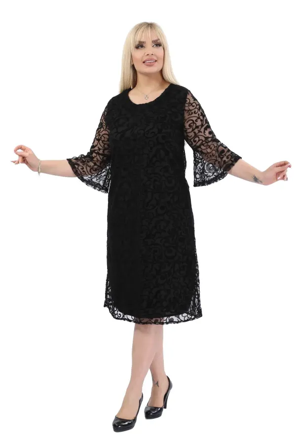 Kadın Siyah Büyük Beden İspanyol Kol Astarlı Transparan Dantel Şık Abiye Elbise HZL26S-PR11151