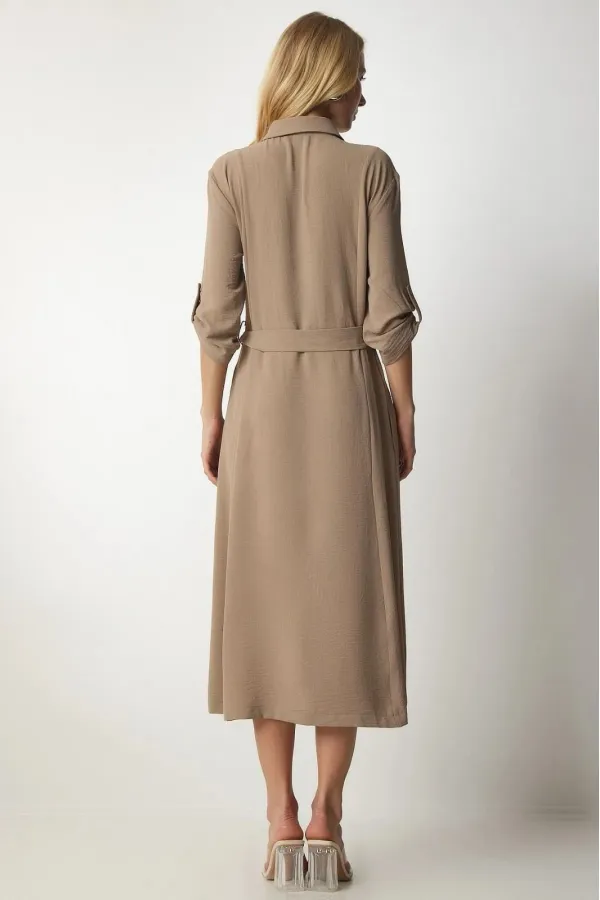 Kadın Krem Gizli Cepli Kuşaklı Viskon Gömlek Elbise HZL24S-BD124421