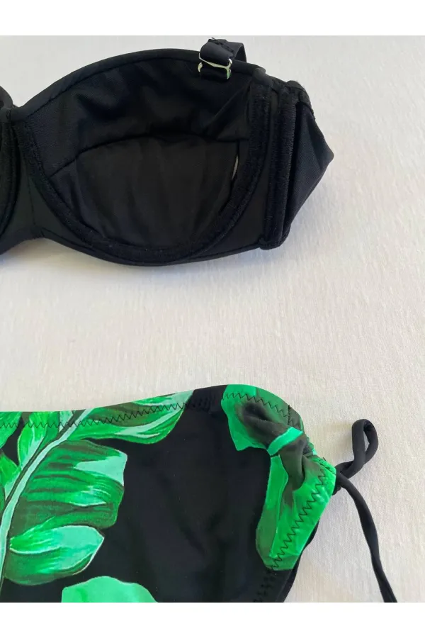 Ensemble bikini femme à boucle noire et motif vert détaillé HZL25S-LC3352