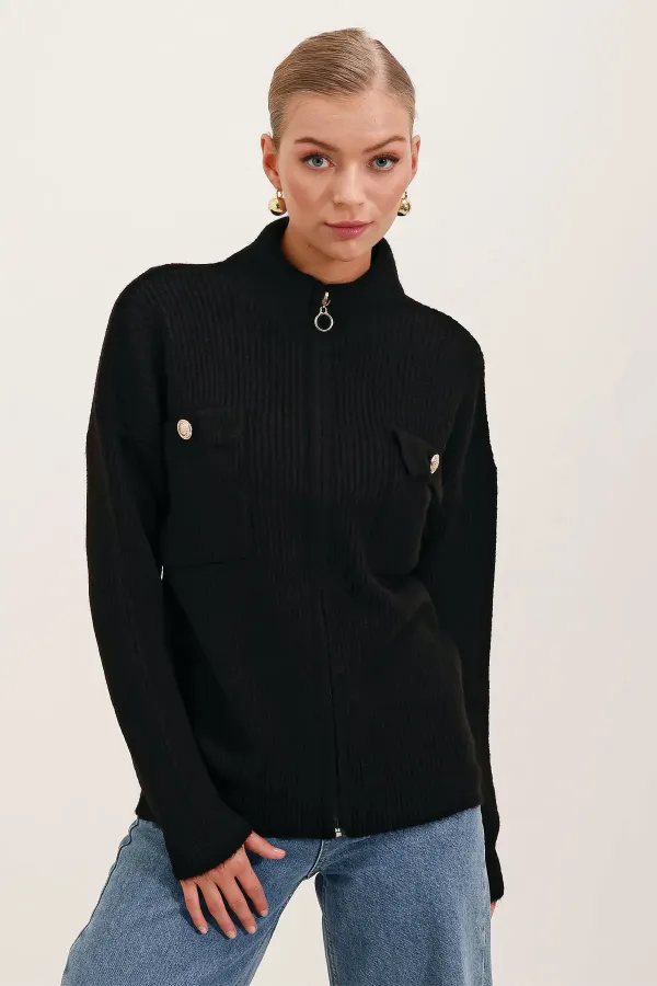 Gilet en maille à fermeture éclair et détails de poche 15862 - Noir