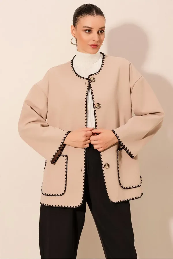 Veste en cachemire brodée Boyfriend 0690 - Beige