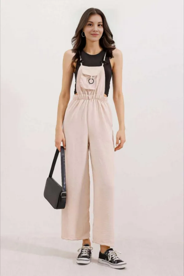 Kadın Bej Ayarlanabilir Askılı Önden Cepli Halka Detaylı Bol Paça Bahçıvan Tulum HZL24S-BD170231