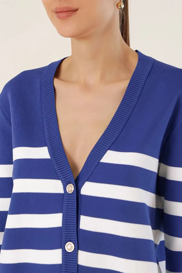 Cardigan en tricot à rayures bleu marine pour femme, coupe décontractée, col en V, HZL24W-BD1102151