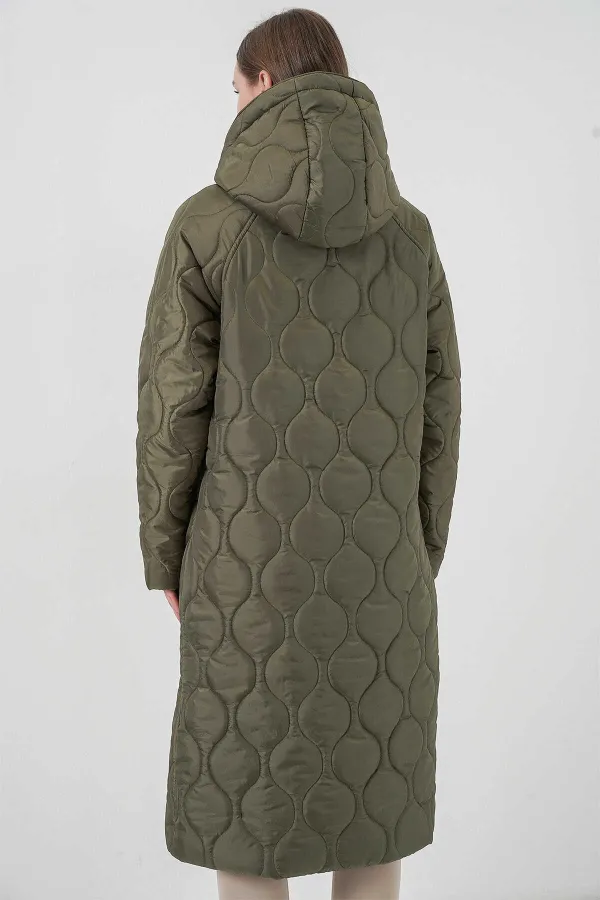 Kadın Haki Kapüşonlu Kapitone Uzun Şişme Mont HZL24W-BD151771