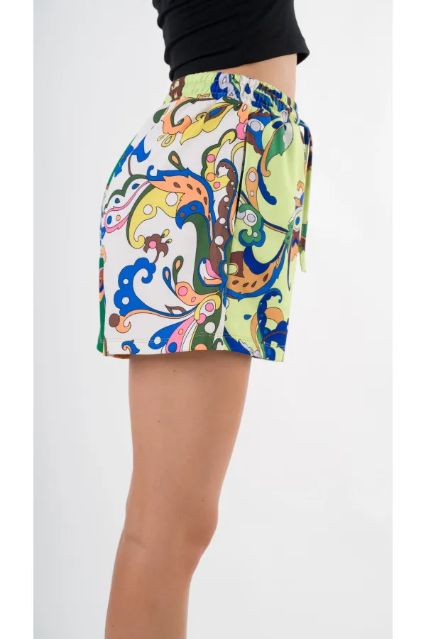 Kadın Yeşil Pembe Beli Lastikli Ve Bağlamalı Cepli Şort HZL24S-YY226