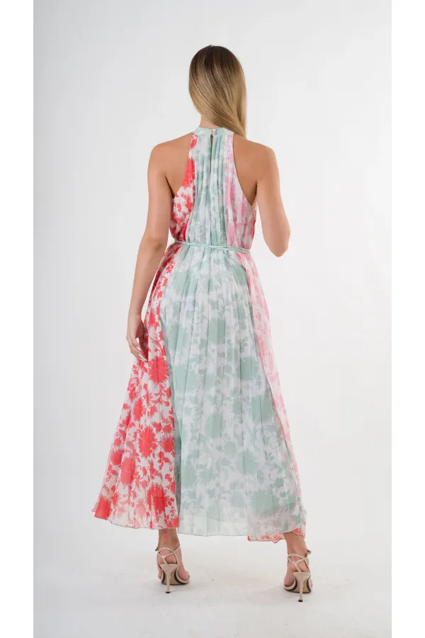 Kadın Kırmızı Yeşil Bloklu Yaprak Desenli Halter Yaka Kuşaklı Astarlı Uzun Elbise HZL24S-YY233