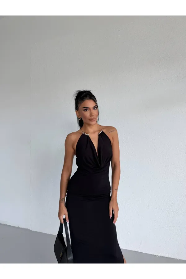 Women's Black Sandy Midi Dress with Neck Accessory and Side Slit HZL26S-FRY123841