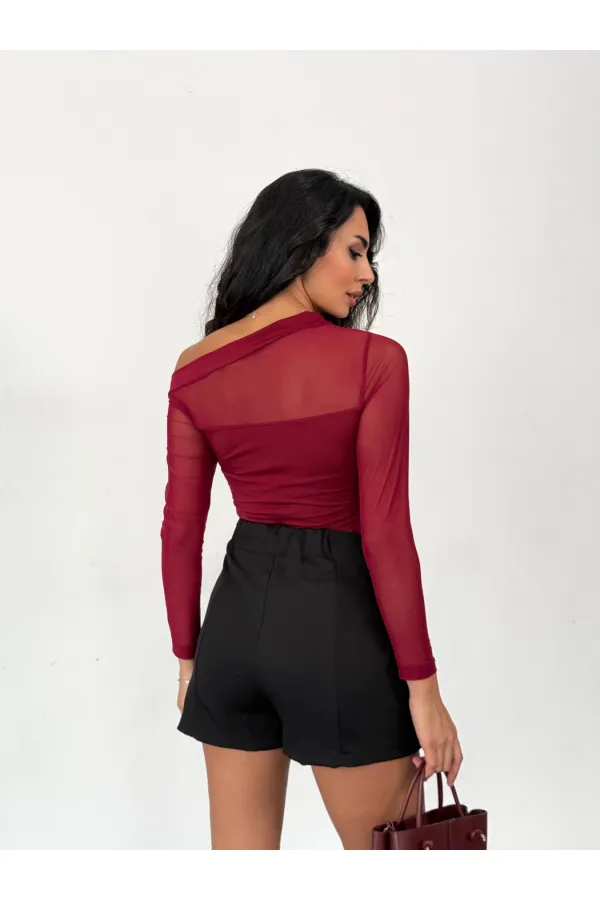 Kadın Bordo Tül Garnili Uzun Kol Şık Rahat Bluz HZL25W-FRY123541