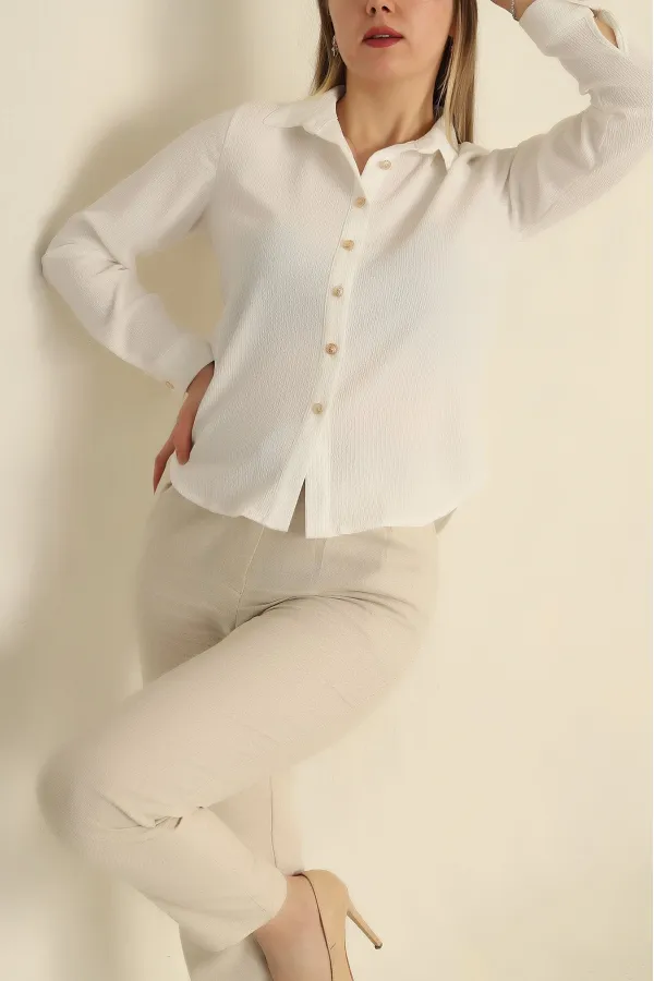 Kadın Beyaz Örme Bürümcük Gömlek HZL25S-BD1201601