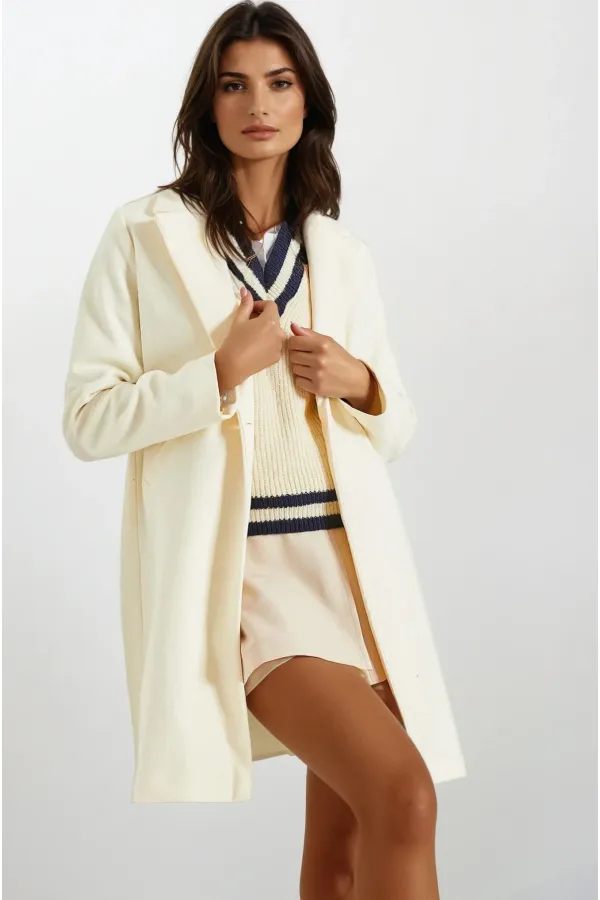 Kadın Ekru Tek Düğmeli Çift Cepli Astarlı Şık Kaşe Kaban HZL23W-BD190851