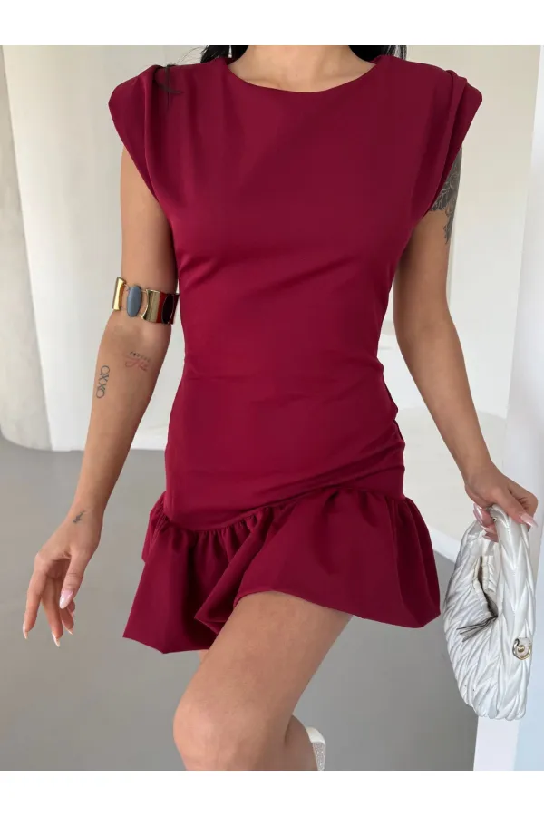 Kadın Bordo Vatkalı İthal Dooble Kumaş Kolsuz Mini Elbise HZL25S-FRY12274