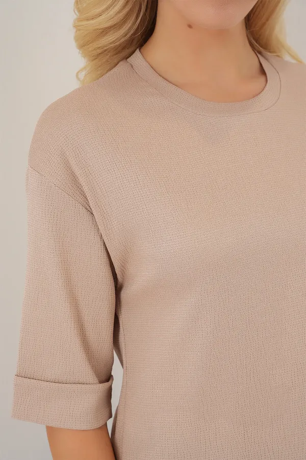 4332 Side Slit Knitted T-Shirt - Biscuit