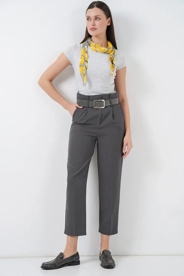 6556 Belted Fabric Trousers - Anthracite