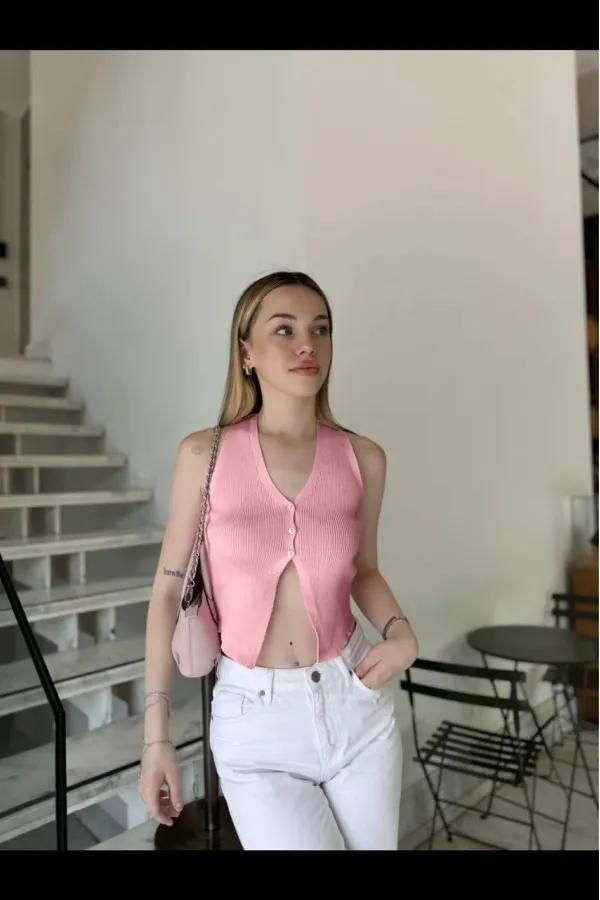 Kadın Somon Düğmeli Crop Triko Yelek HZL24S-ZK10231