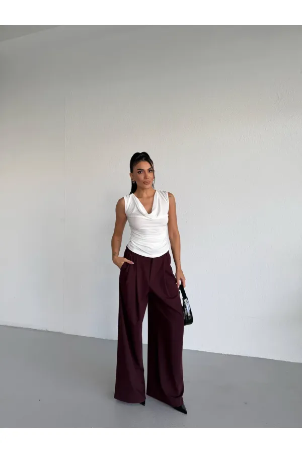 Kadın Beyaz Degaje Yaka Yanlardan Drapeli Sandy Bluz HZL25S-FRY123131