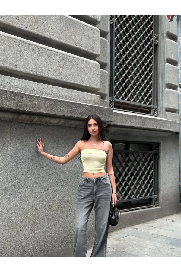 Kadın Sarı Katlamalı Straplez Bluz HZL24S-ZK11301