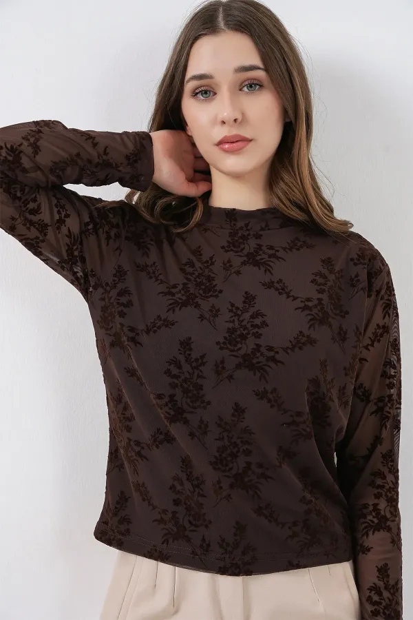 Women's Patterned Long-Sleeve Blouse 983 - Brown