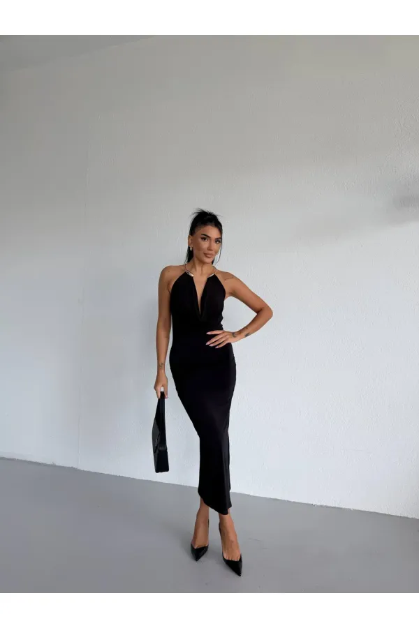 Women's Black Sandy Midi Dress with Neck Accessory and Side Slit HZL26S-FRY123841