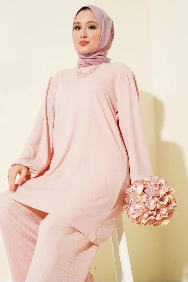 Ensemble tunique et pantalon rose poudré pour femme (haut et bas) 6663