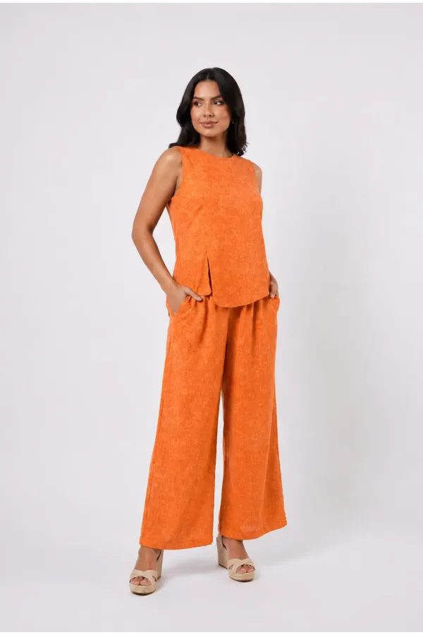 Women's Orange Linen Textured Relaxed Fit Top and Bottom Set HZL26S-VL15141 Women's Orange Linen Textured Relaxed Fit Top and Bottom Set HZL26S-VL15141