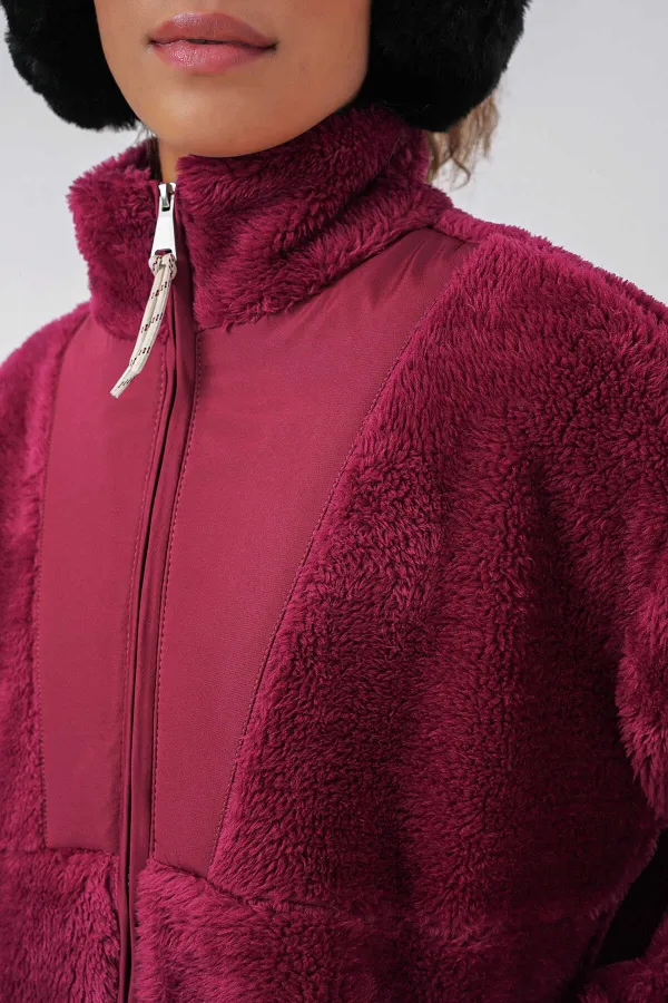 Veste zippée bordeaux imprimée en fausse peau de mouton pour femme, doublée de peluche HZL25W-BD151941