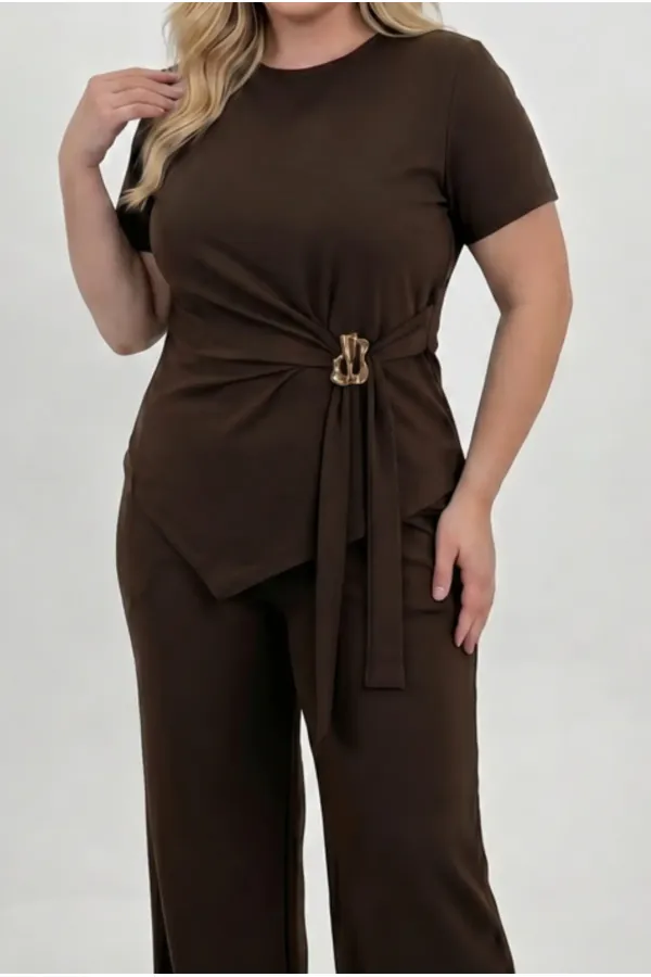 Women's Brown Plus Size Modal Fabric Top and Bottom Set with Gold Buckle Detail HZL26S-ZSS111291