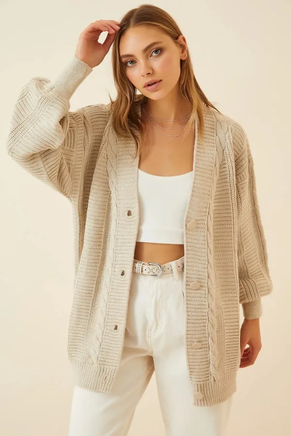 Women's Beige Hair Knit Pattern Long Buttoned Casual Cut Knitwear Cardigan HZL23W-BD1100691