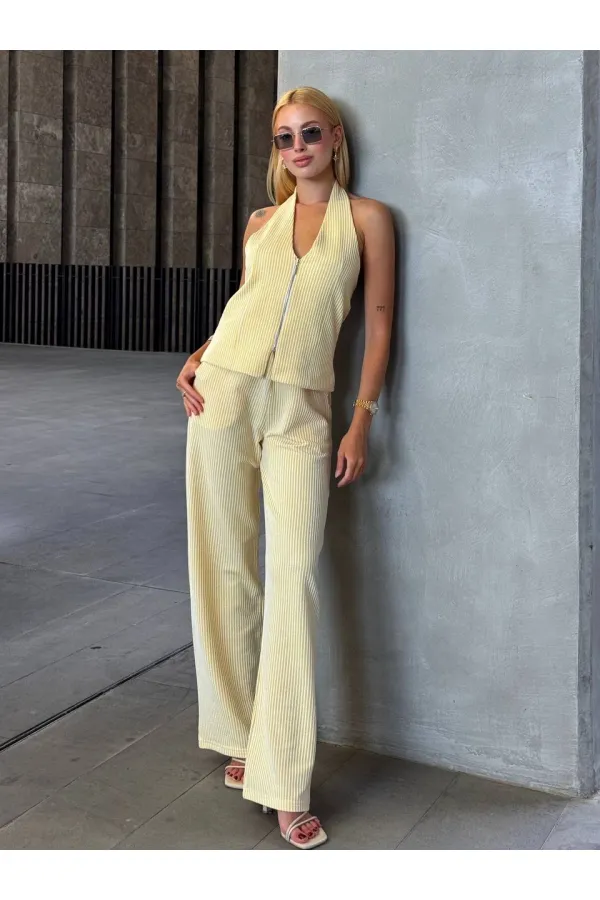Kadın Sarı Çizgili Önü Fermuarlı Bluz Pantolon İkili Takım HZL25S-ZK13691