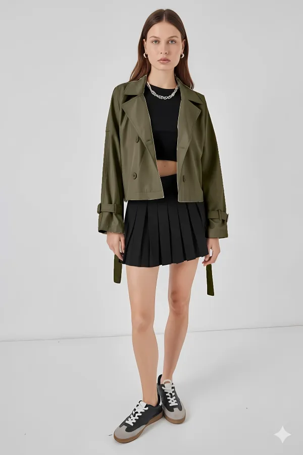 Trench-coat court kaki à double boutonnage et ceinture pour femme HZL25W-BD159701