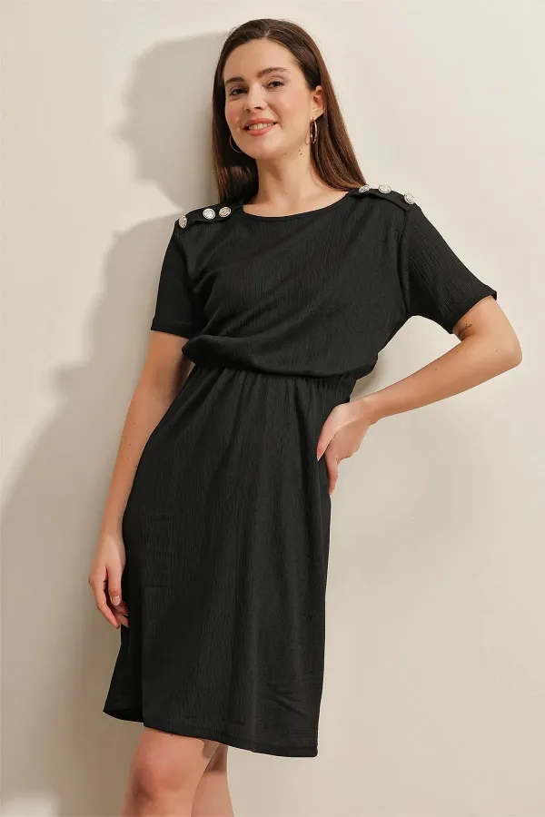 Women's Black Elastic Waist Button Detailed Casual Knitted Dress HZL22S-BD123751